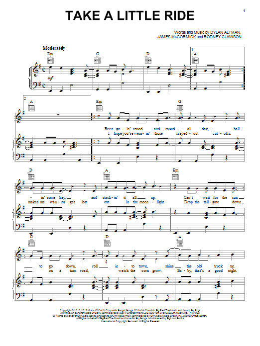 Learn to play Jason Aldean Take A Little Ride sheet music for Piano, Vocal & Guitar Chords (Right-Hand Melody) in minutes. Price: 7.8900$ Jason Aldean Take A Little Ride sheet music notes and chords arranged for Piano, Vocal & Guitar Chords (Right-Hand Melody)
