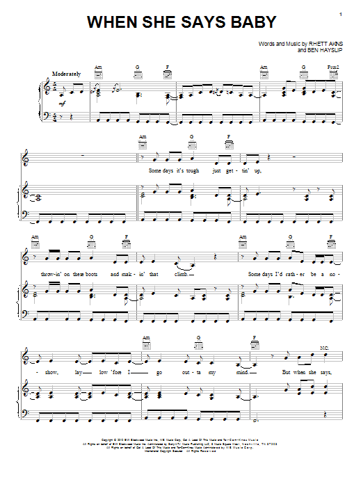 Learn to play Jason Aldean When She Says Baby sheet music for Piano, Vocal & Guitar Chords (Right-Hand Melody) in minutes. Price: 7.8900$ Jason Aldean When She Says Baby sheet music notes and chords arranged for Piano, Vocal & Guitar Chords (Right-Hand Melody)
