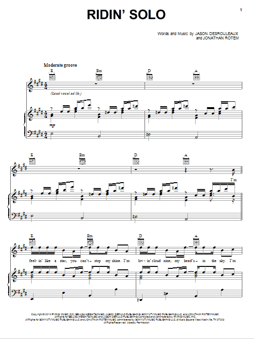 Jason Derulo Ridin' Solo sheet music notes and chords arranged for Piano, Vocal & Guitar Chords