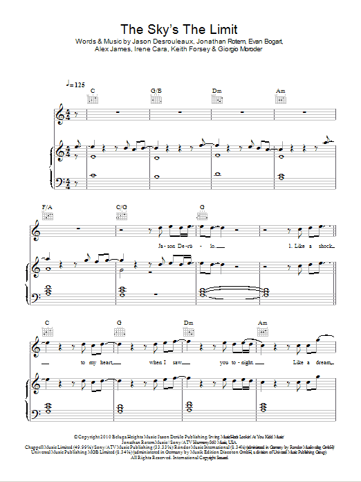 Jason Derulo The Sky's The Limit sheet music notes and chords arranged for Piano, Vocal & Guitar Chords