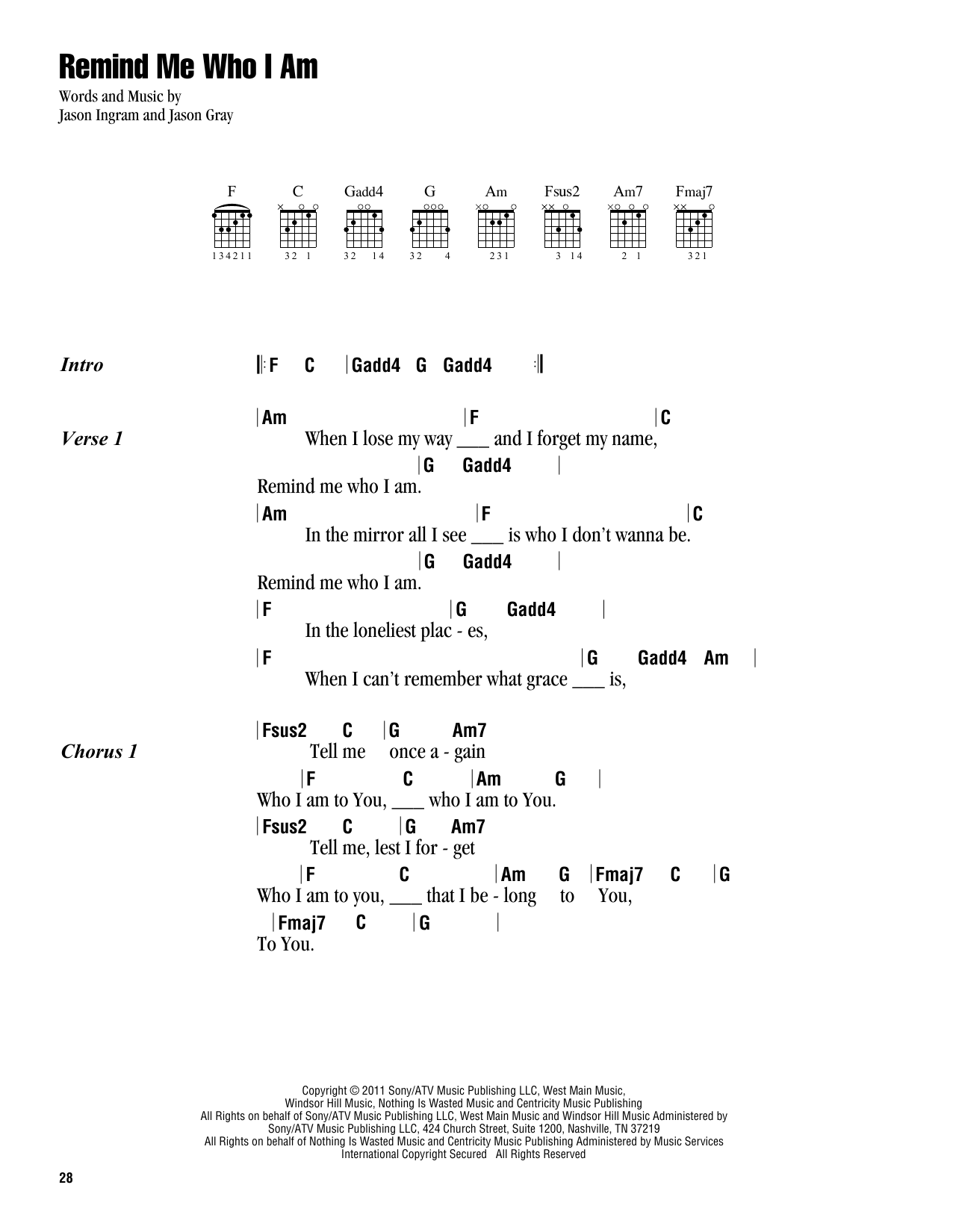 Jason Gray Remind Me Who I Am sheet music notes and chords. Download Printable PDF.