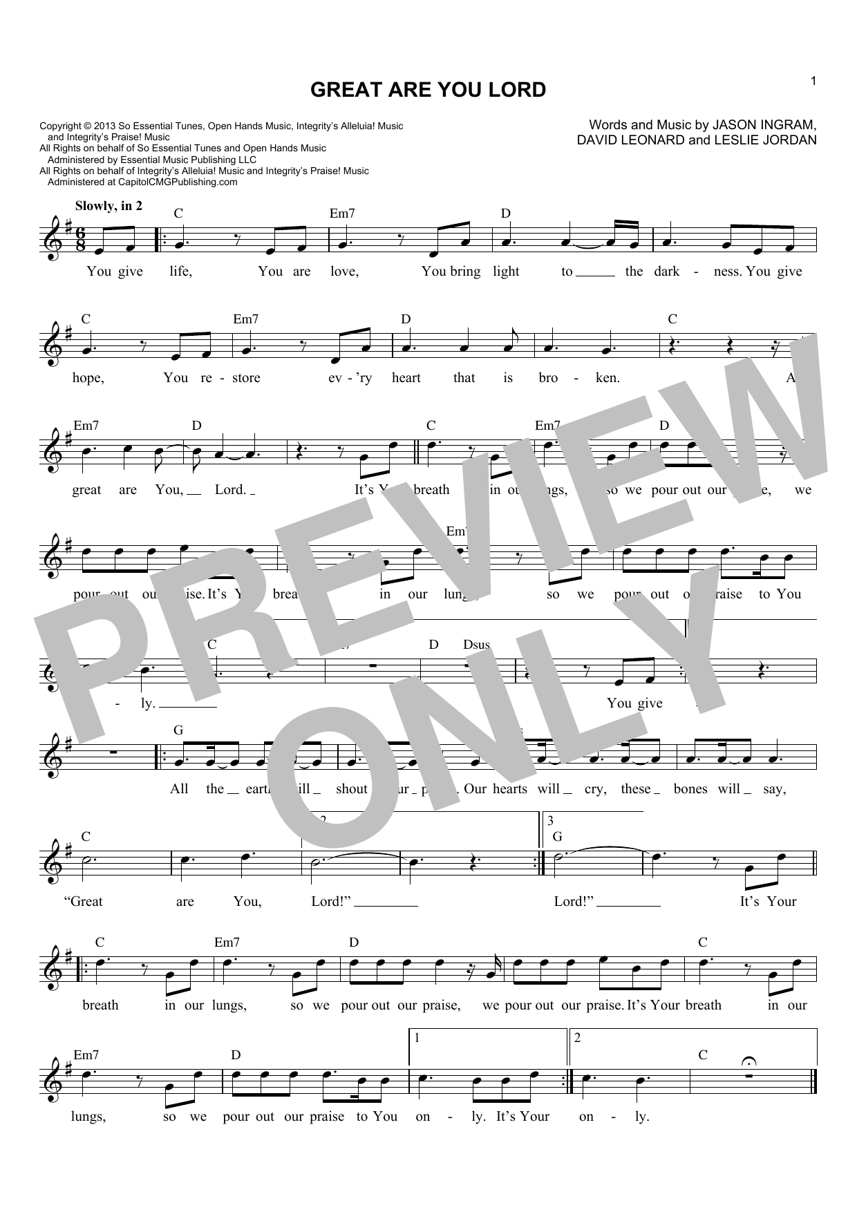 Jason Ingram Great Are You Lord sheet music notes and chords. Download Printable PDF.