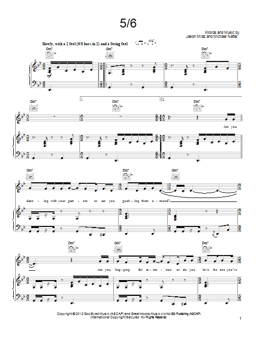 Learn to play Jason Mraz 5/6 sheet music for Guitar Tab in minutes. Price: 7.8900$ Jason Mraz 5/6 sheet music notes and chords arranged for Guitar Tab