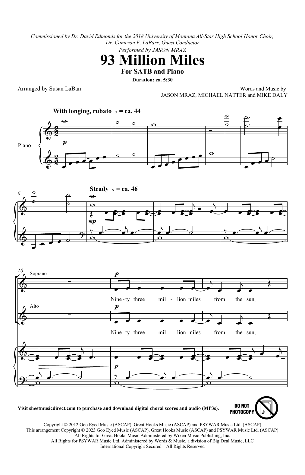 Learn to play Jason Mraz 93 Million Miles (arr. Susan LaBarr) sheet music for SATB Choir in minutes. Price: 3.9900$ Jason Mraz 93 Million Miles (arr. Susan LaBarr) sheet music notes and chords arranged for SATB Choir