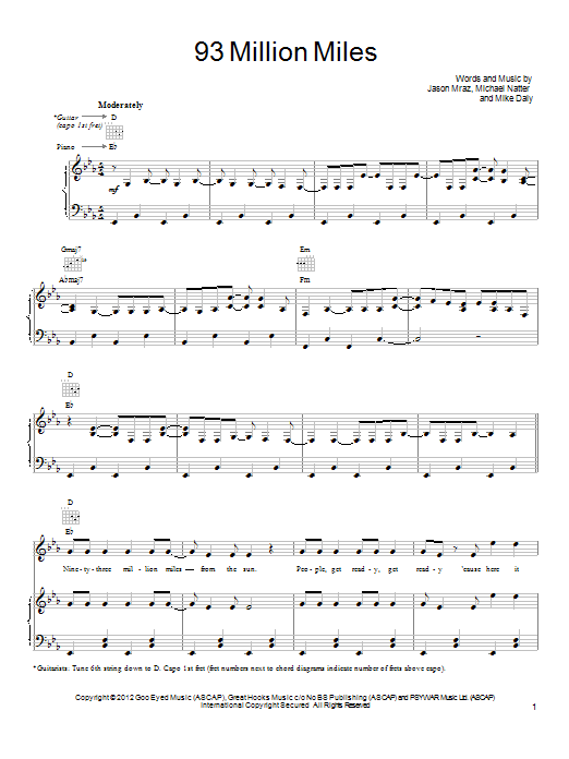 Jason Mraz 93 Million Miles sheet music notes and chords. Download Printable PDF.