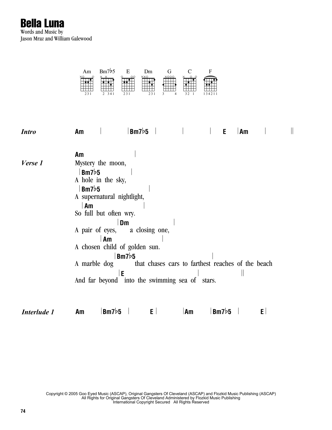 Jason Mraz Bella Luna sheet music notes and chords. Download Printable PDF.