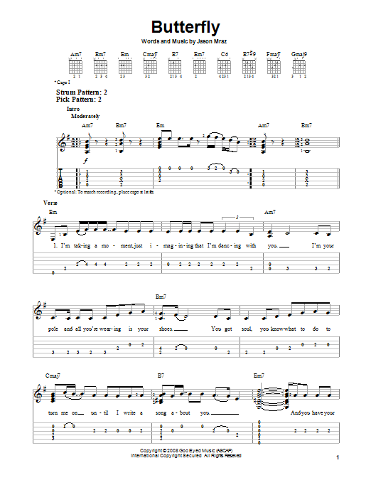 Jason Mraz Butterfly sheet music notes and chords arranged for Ukulele Chords/Lyrics