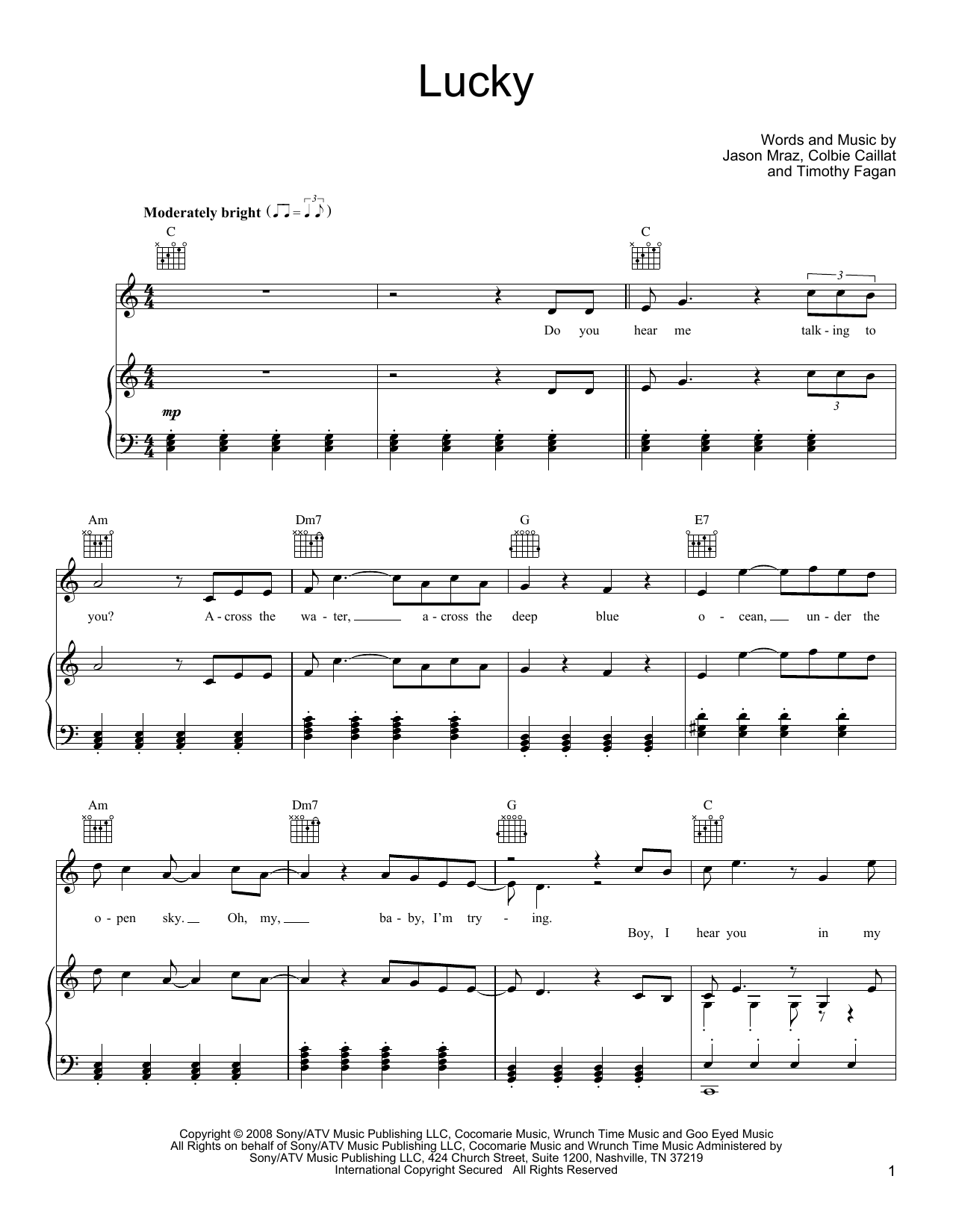 Jason Mraz & Colbie Caillat Lucky sheet music notes and chords. Download Printable PDF.