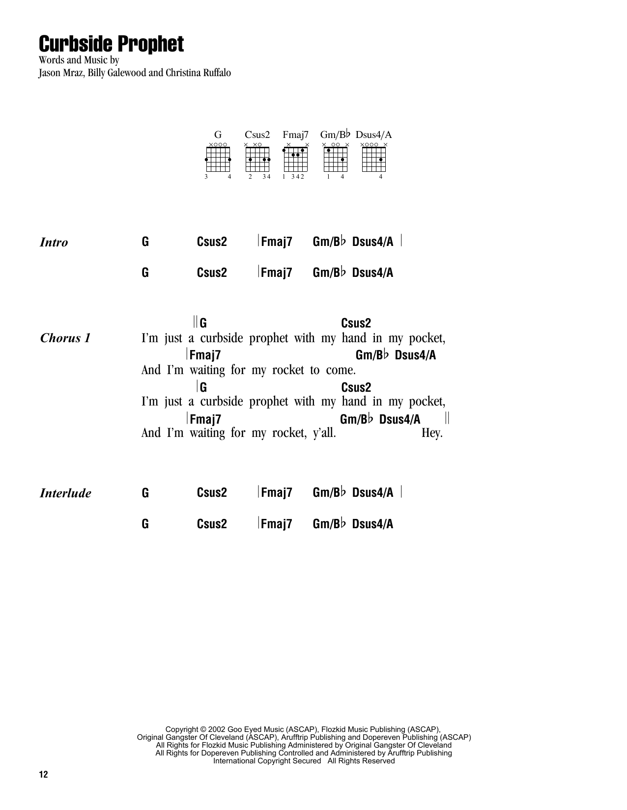 Jason Mraz Curbside Prophet sheet music notes and chords. Download Printable PDF.