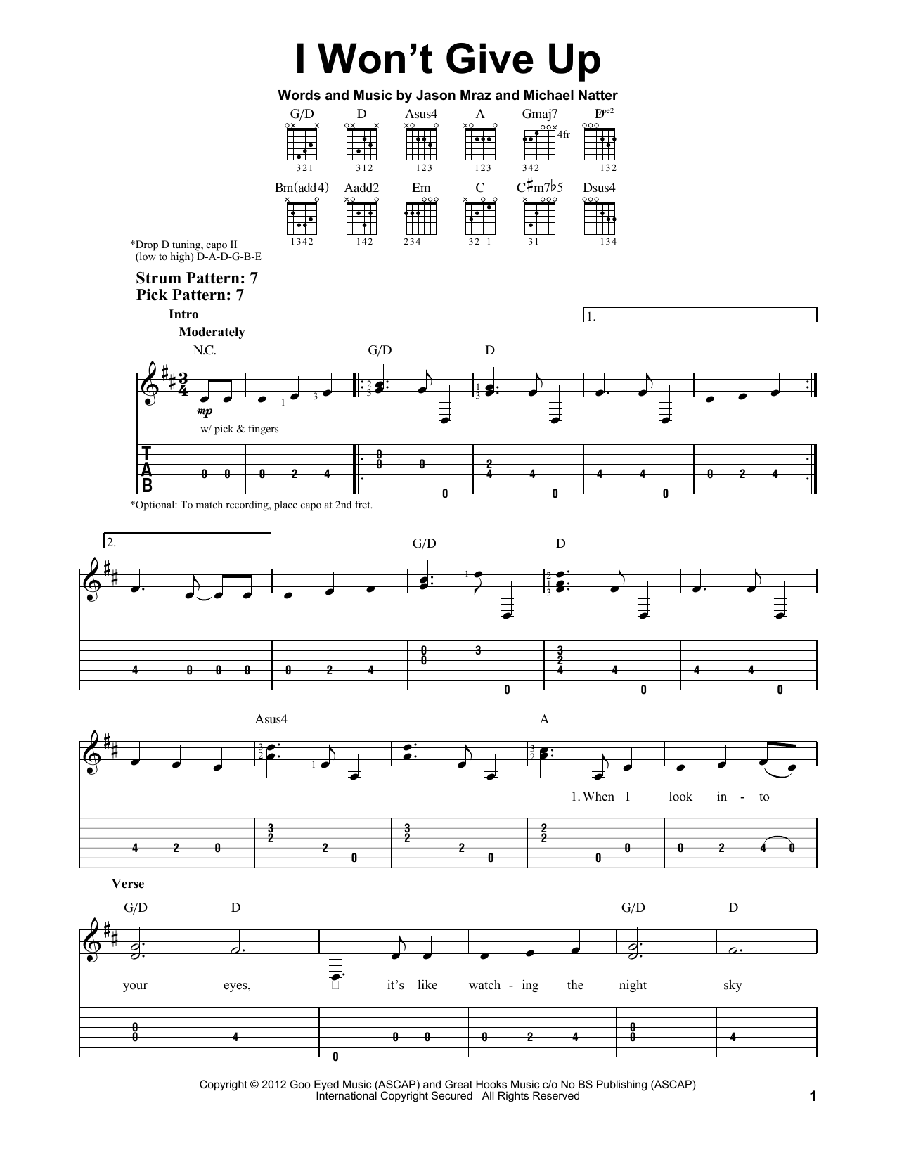 Jason Mraz I Won't Give Up sheet music notes and chords. Download Printable PDF.