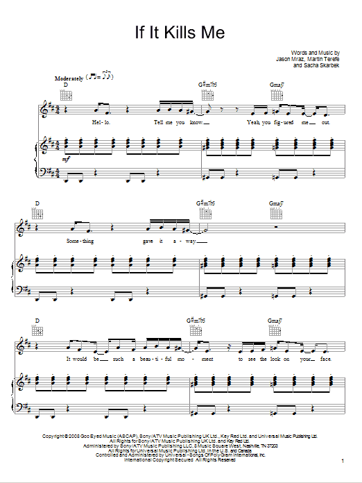 Jason Mraz If It Kills Me sheet music notes and chords. Download Printable PDF.