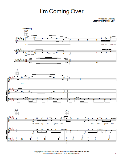 Learn to play Jason Mraz I'm Coming Over sheet music for Guitar Tab in minutes. Price: 7.8900$ Jason Mraz I'm Coming Over sheet music notes and chords arranged for Guitar Tab