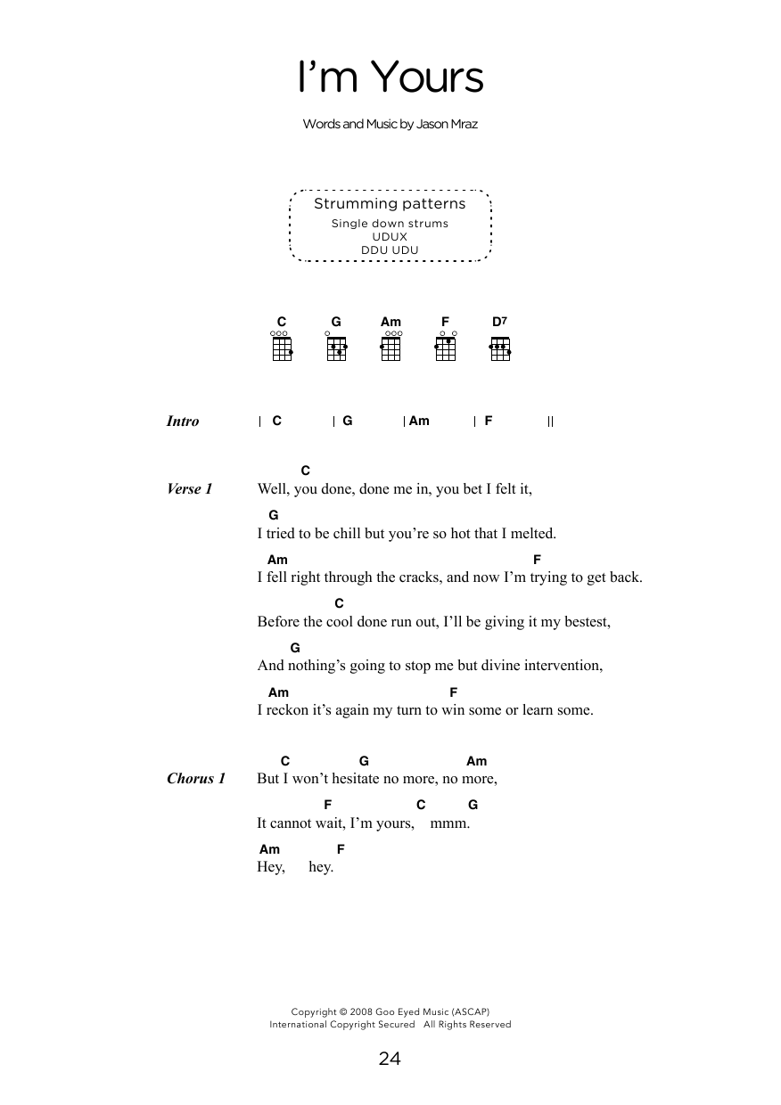 Jason Mraz I'm Yours (arr. Elise Ecklund) sheet music notes and chords. Download Printable PDF.