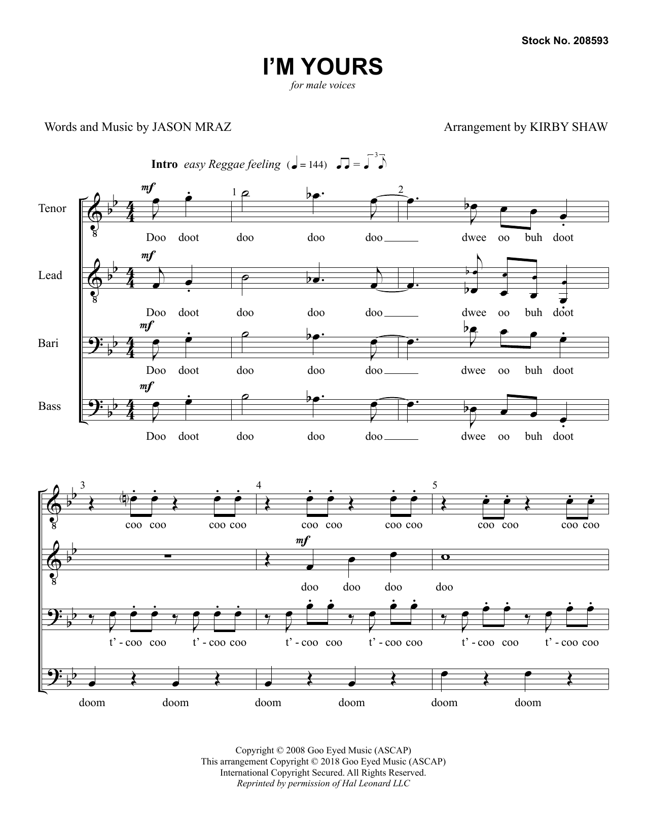 Learn to play Jason Mraz I'm Yours (arr. Kirby Shaw) sheet music for TTBB Choir in minutes. Price: 3.9900$ Jason Mraz I'm Yours (arr. Kirby Shaw) sheet music notes and chords arranged for TTBB Choir