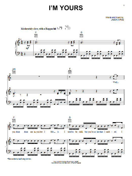 Jason Mraz I'm Yours sheet music notes and chords. Download Printable PDF.