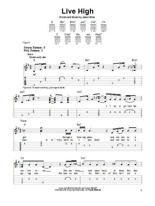 Jason Mraz Live High sheet music notes and chords. Download Printable PDF.