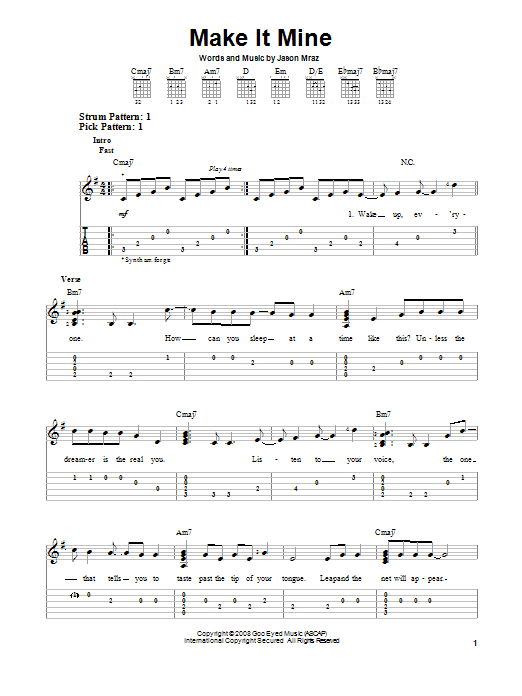 Jason Mraz Make It Mine sheet music notes and chords. Download Printable PDF.