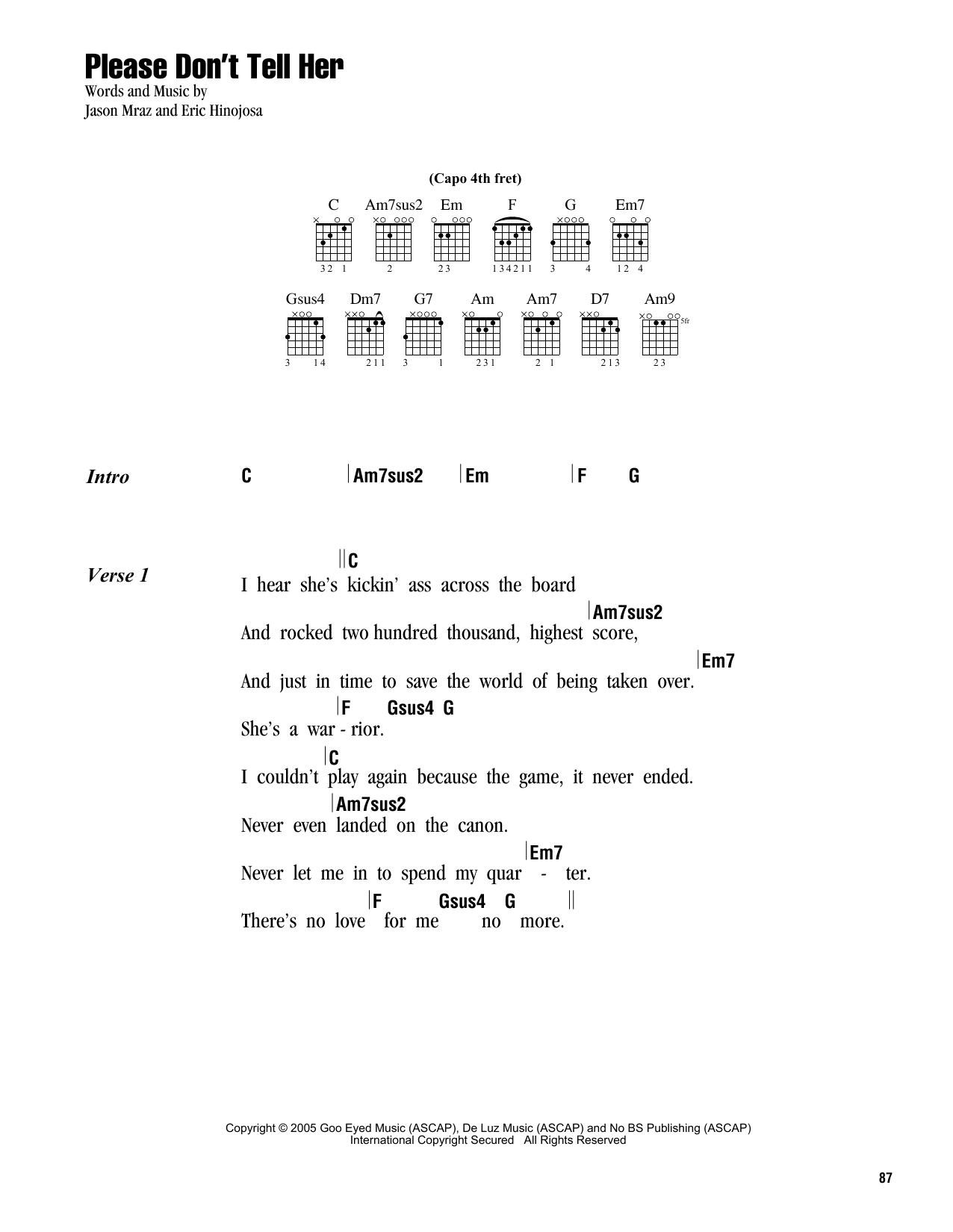 Jason Mraz Please Don't Tell Her sheet music notes and chords. Download Printable PDF.