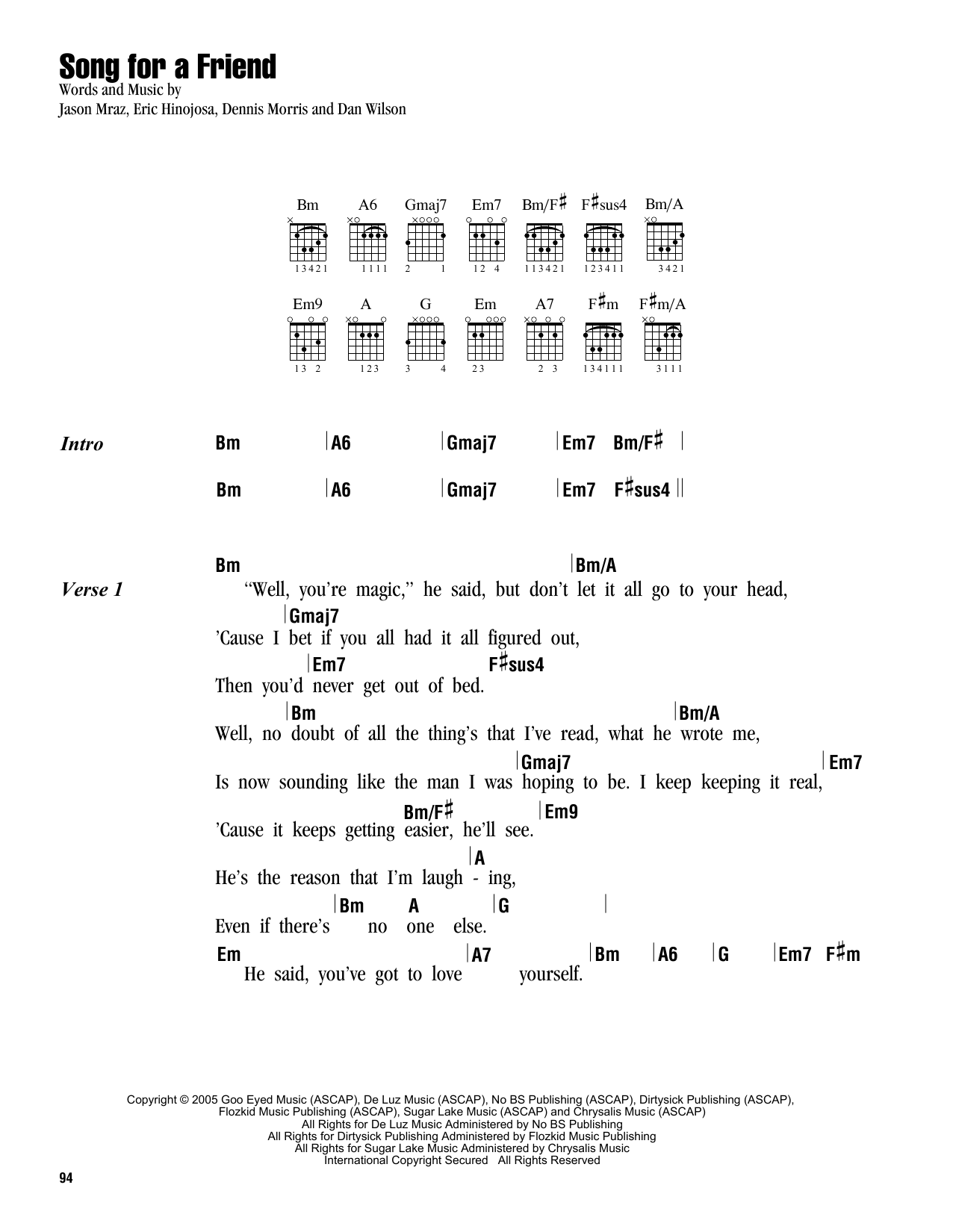 Jason Mraz Song For A Friend sheet music notes and chords. Download Printable PDF.