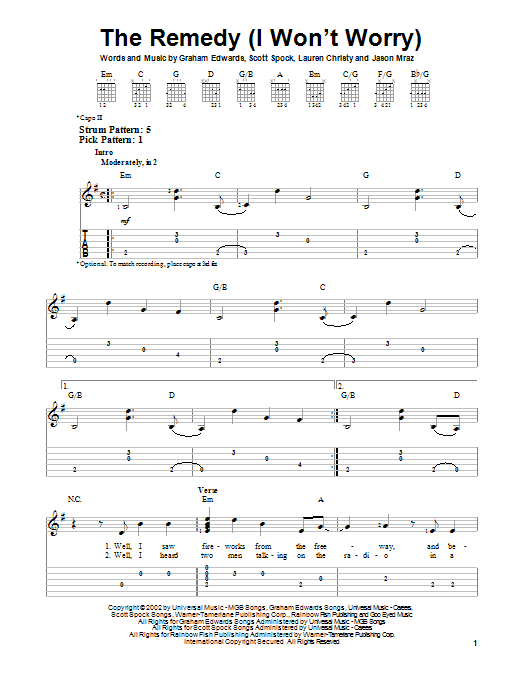 Jason Mraz The Remedy (I Won't Worry) sheet music notes and chords. Download Printable PDF.