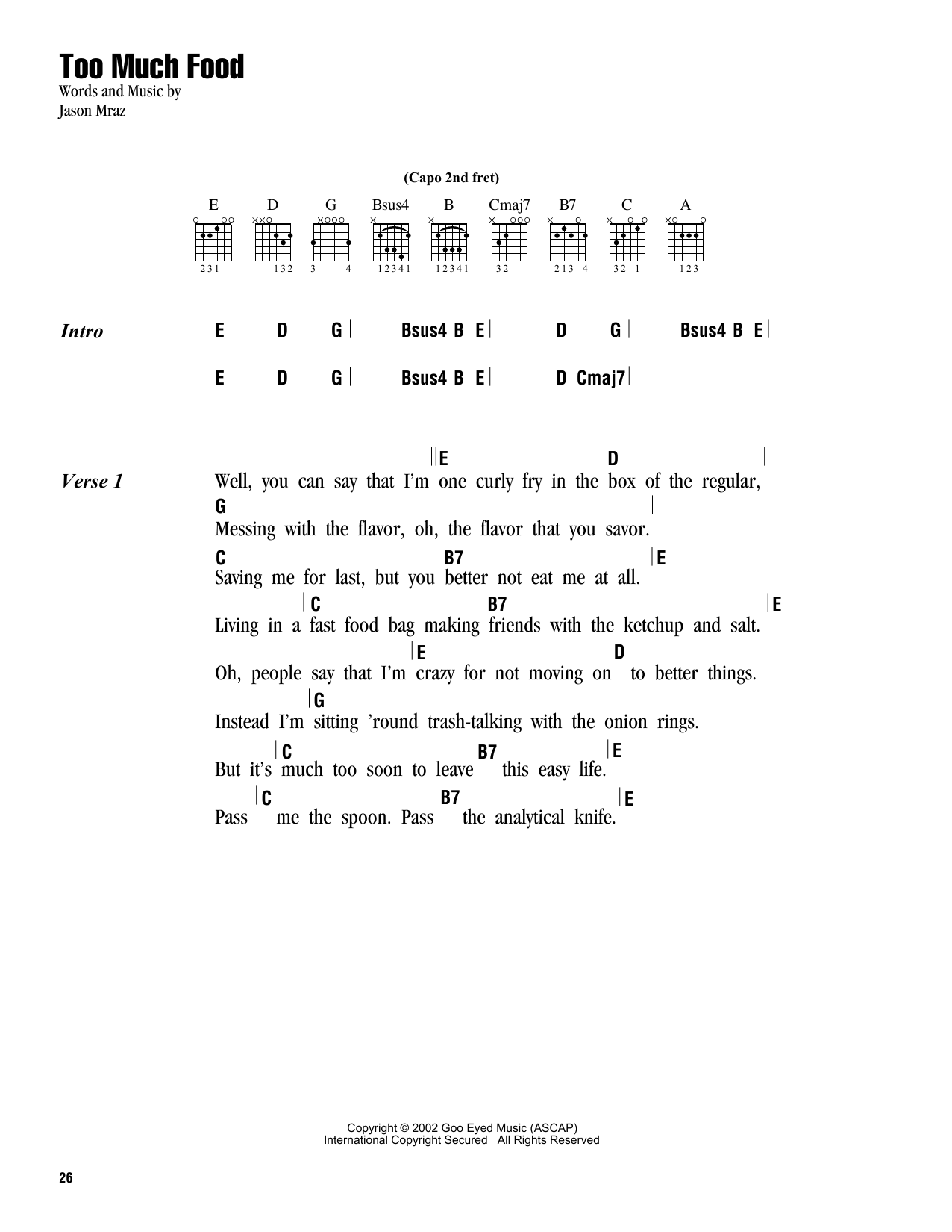 Jason Mraz Too Much Food sheet music notes and chords. Download Printable PDF.