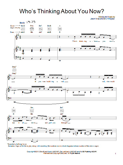 Learn to play Jason Mraz Who's Thinking About You Now? sheet music for Guitar Tab in minutes. Price: 7.8900$ Jason Mraz Who's Thinking About You Now? sheet music notes and chords arranged for Guitar Tab