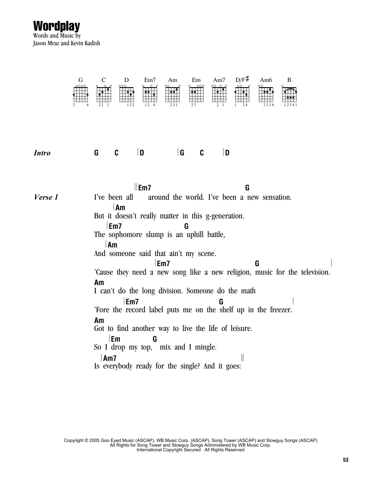 Jason Mraz Wordplay sheet music notes and chords. Download Printable PDF.