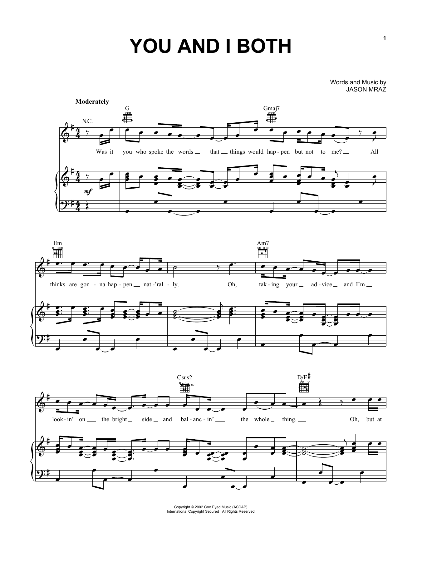 Jason Mraz You and I Both sheet music notes and chords. Download Printable PDF.