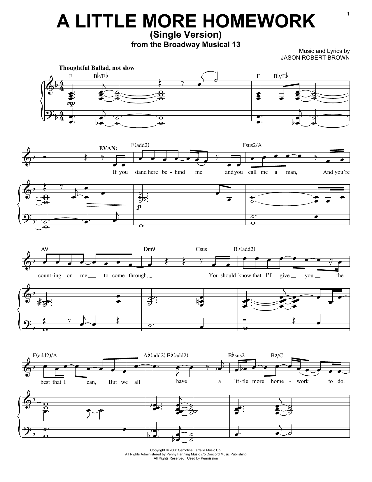 Jason Robert Brown A Little More Homework (from 13: The Musical) sheet music notes and chords. Download Printable PDF.