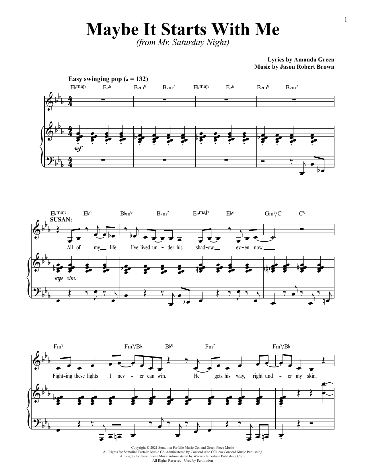 Jason Robert Brown and Amanda Green Maybe It Starts With Me (from Mr. Saturday Night) sheet music notes and chords. Download Printable PDF.