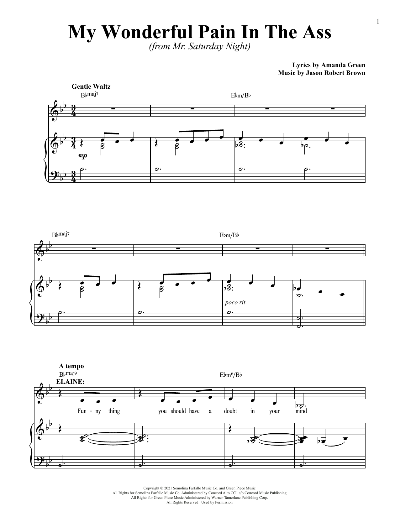 Learn to play Jason Robert Brown and Amanda Green My Wonderful Pain In The Ass (from Mr. Saturday Night) sheet music for Piano & Vocal in minutes. Price: 7.8900$ Jason Robert Brown and Amanda Green My Wonderful Pain In The Ass (from Mr. Saturday Night) sheet music notes and chords arranged for Piano & Vocal