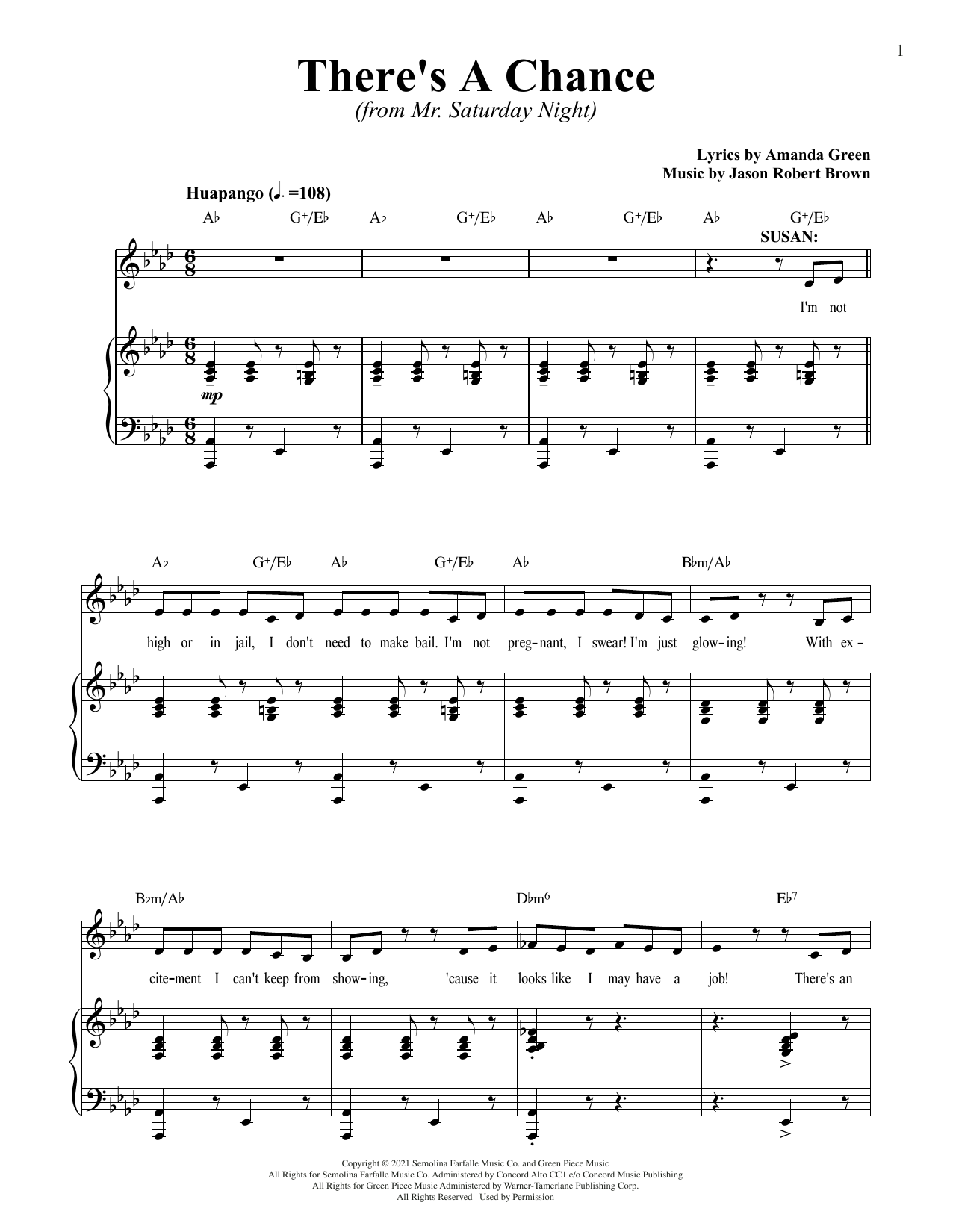 Jason Robert Brown and Amanda Green There's A Chance (from Mr. Saturday Night) sheet music notes and chords. Download Printable PDF.