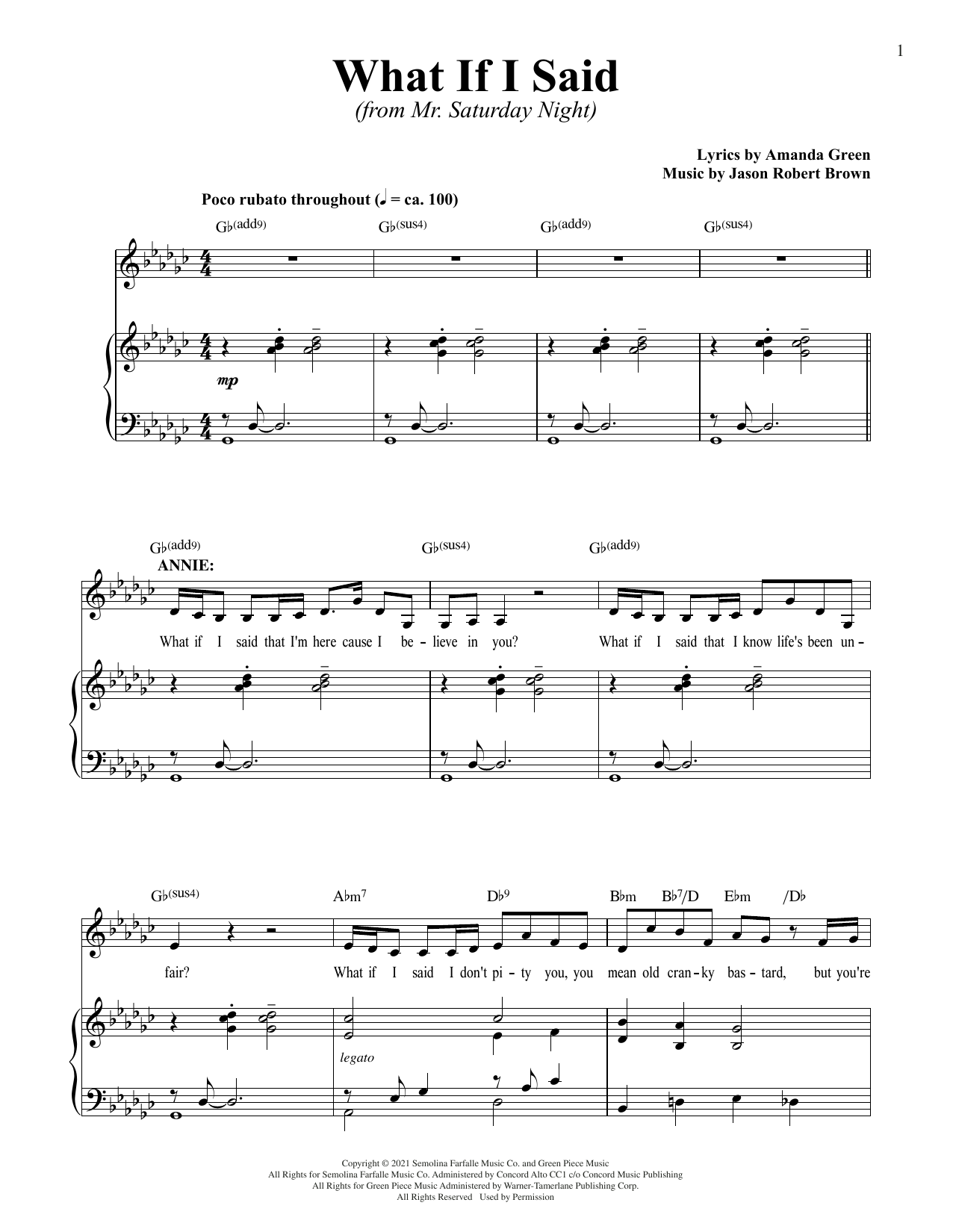 Learn to play Jason Robert Brown and Amanda Green What If I Said? (from Mr. Saturday Night) sheet music for Piano & Vocal in minutes. Price: 7.8900$ Jason Robert Brown and Amanda Green What If I Said? (from Mr. Saturday Night) sheet music notes and chords arranged for Piano & Vocal