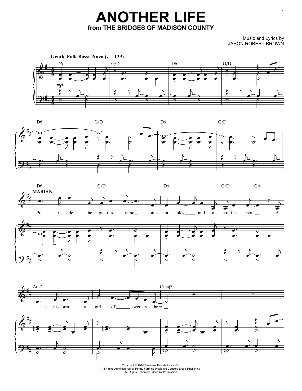 Jason Robert Brown Another Life (from The Bridges of Madison County) sheet music notes and chords. Download Printable PDF.