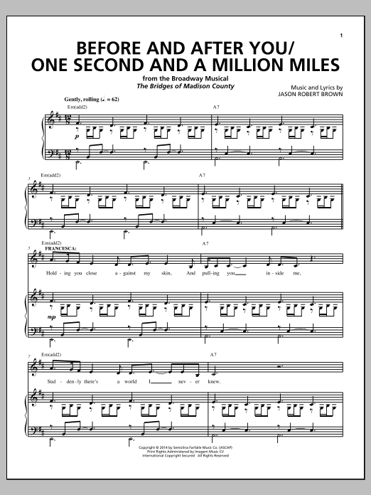 Jason Robert Brown Before And After You / One Second And A Million Miles (from The Bridges of Madison County) sheet music notes and chords. Download Printable PDF.