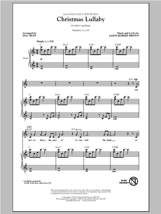 Jason Robert Brown Christmas Lullaby (from Songs for a New World) (arr. Mac Huff) sheet music notes and chords. Download Printable PDF.