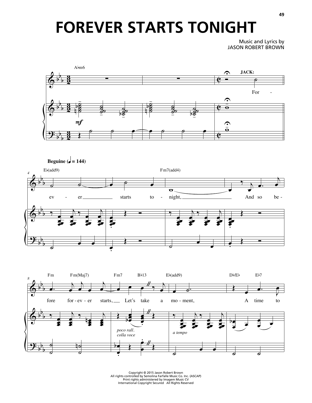Learn to play Jason Robert Brown Forever Starts Tonight sheet music for Piano & Vocal in minutes. Price: 7.8900$ Jason Robert Brown Forever Starts Tonight sheet music notes and chords arranged for Piano & Vocal