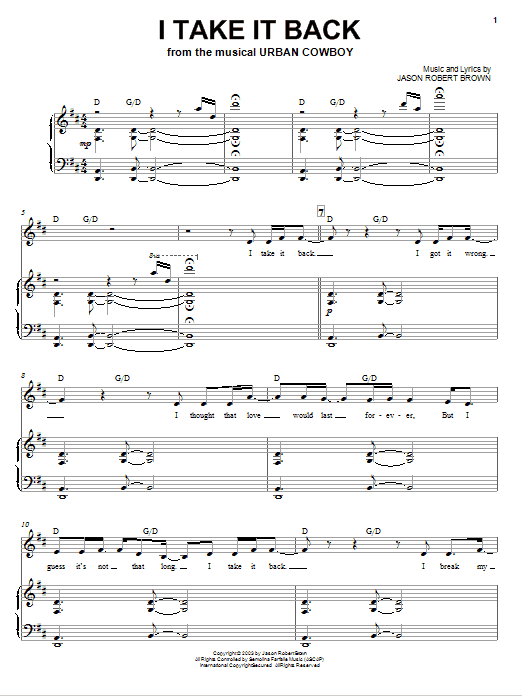 Learn to play Jason Robert Brown I Take It Back sheet music for Piano & Vocal in minutes. Price: 7.8900$ Jason Robert Brown I Take It Back sheet music notes and chords arranged for Piano & Vocal