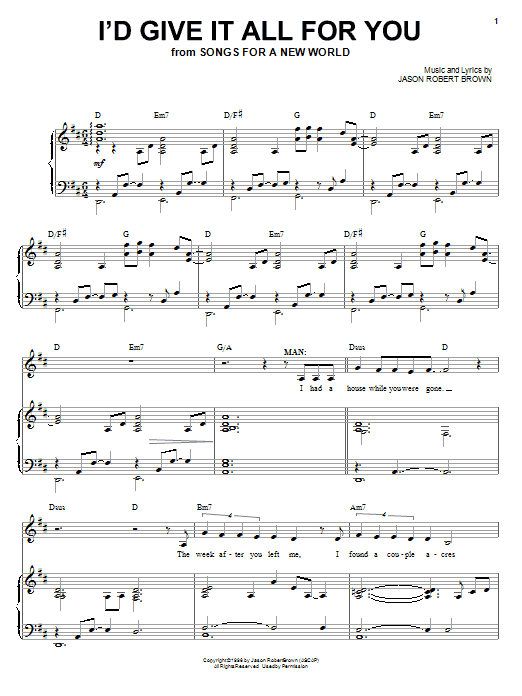 Jason Robert Brown I'd Give It All For You (from Songs for a New World) sheet music notes and chords. Download Printable PDF.