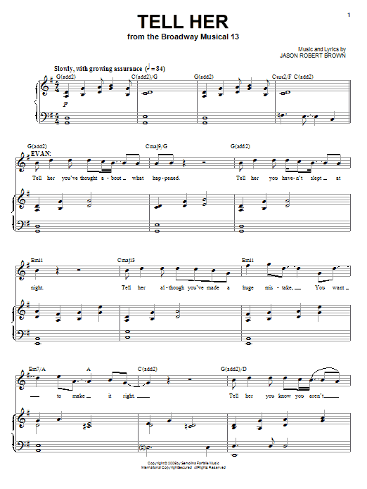 Jason Robert Brown Tell Her (from 13: The Musical) sheet music notes and chords. Download Printable PDF.