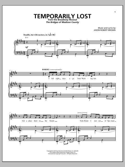 Jason Robert Brown Temporarily Lost (from The Bridges of Madison County) sheet music notes and chords. Download Printable PDF.