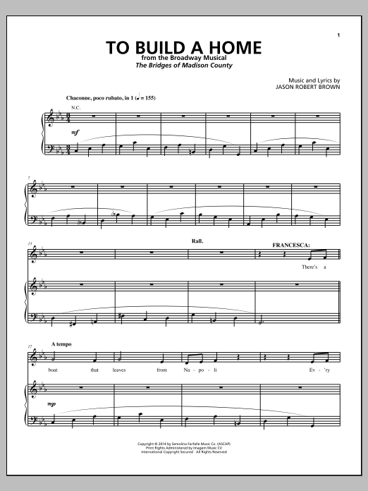 Jason Robert Brown To Build A Home (from The Bridges of Madison County) sheet music notes and chords. Download Printable PDF.