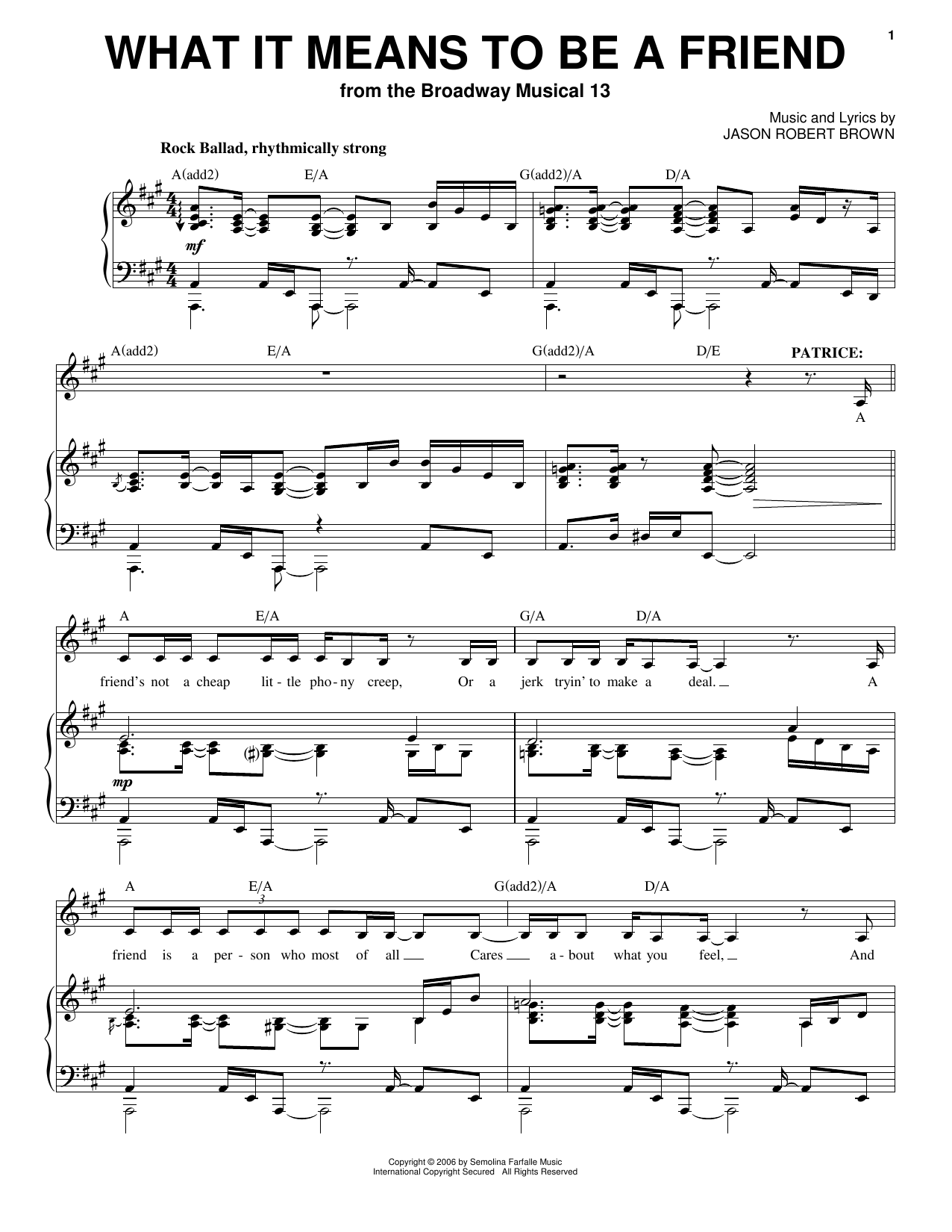 Jason Robert Brown What It Means To Be A Friend (from 13: The Musical) sheet music notes and chords. Download Printable PDF.