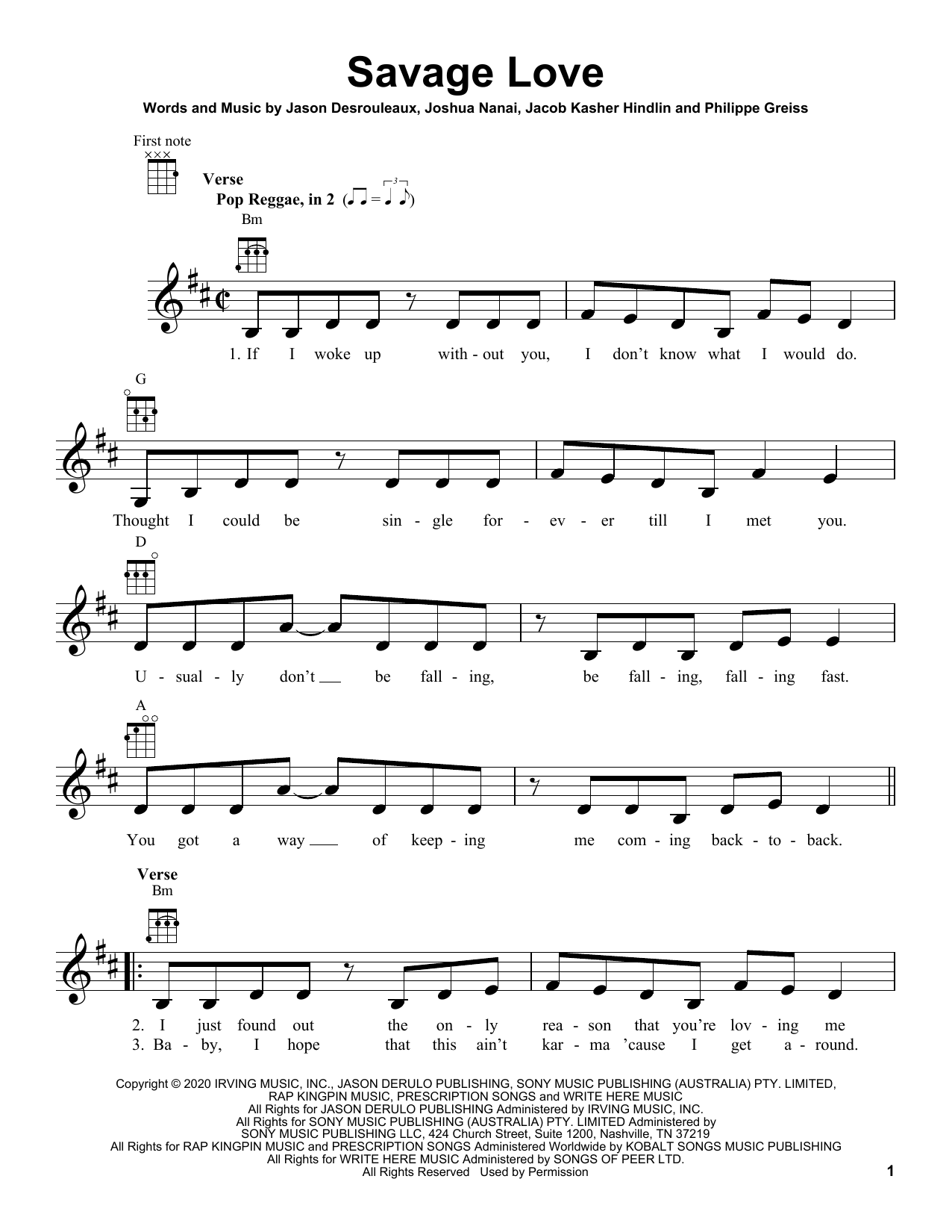 Learn to play Jawsh 685 x Jason Derulo x BTS Savage Love sheet music for Ukulele in minutes. Price: 5.9900$ Jawsh 685 x Jason Derulo x BTS Savage Love sheet music notes and chords arranged for Ukulele