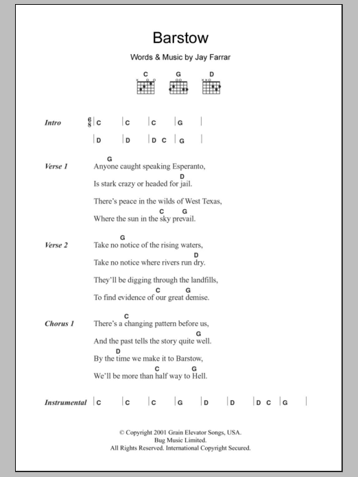 Jay Farrar Barstow sheet music notes and chords. Download Printable PDF.