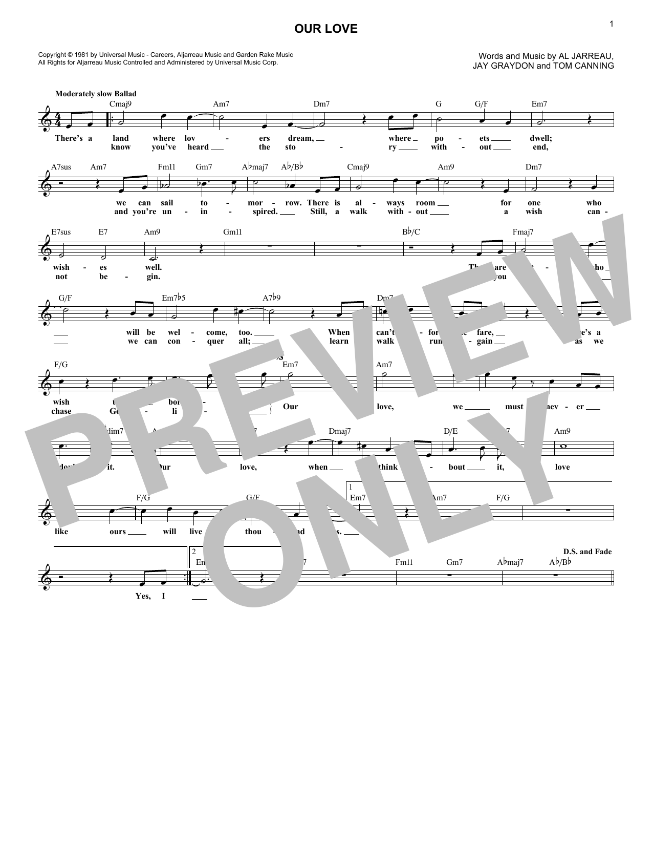 Learn to play Jay Graydon Our Love sheet music for Lead Sheet / Fake Book in minutes. Price: 5.9900$ Jay Graydon Our Love sheet music notes and chords arranged for Lead Sheet / Fake Book