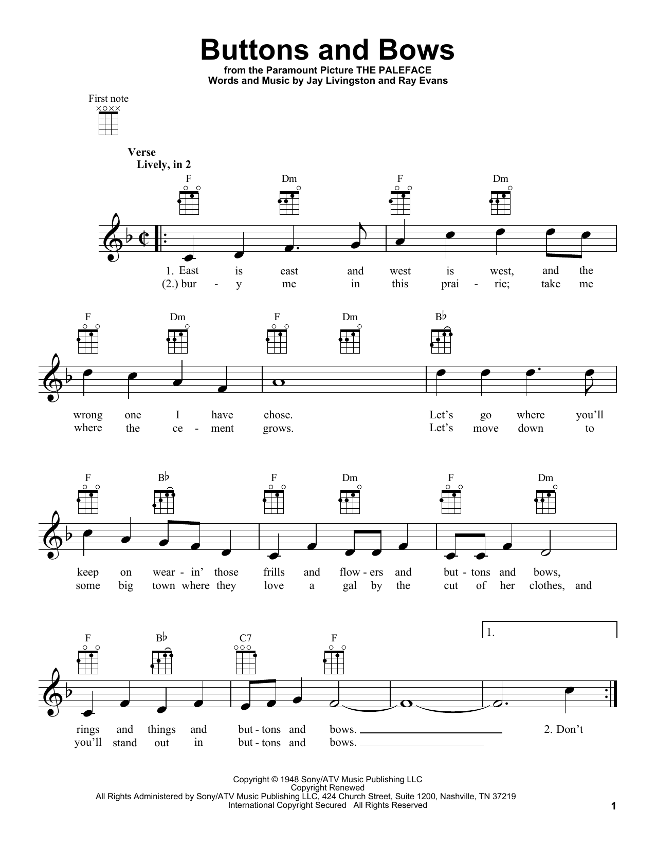 Learn to play Jay Livingston Buttons And Bows sheet music for Ukulele in minutes. Price: 5.9900$ Jay Livingston Buttons And Bows sheet music notes and chords arranged for Ukulele