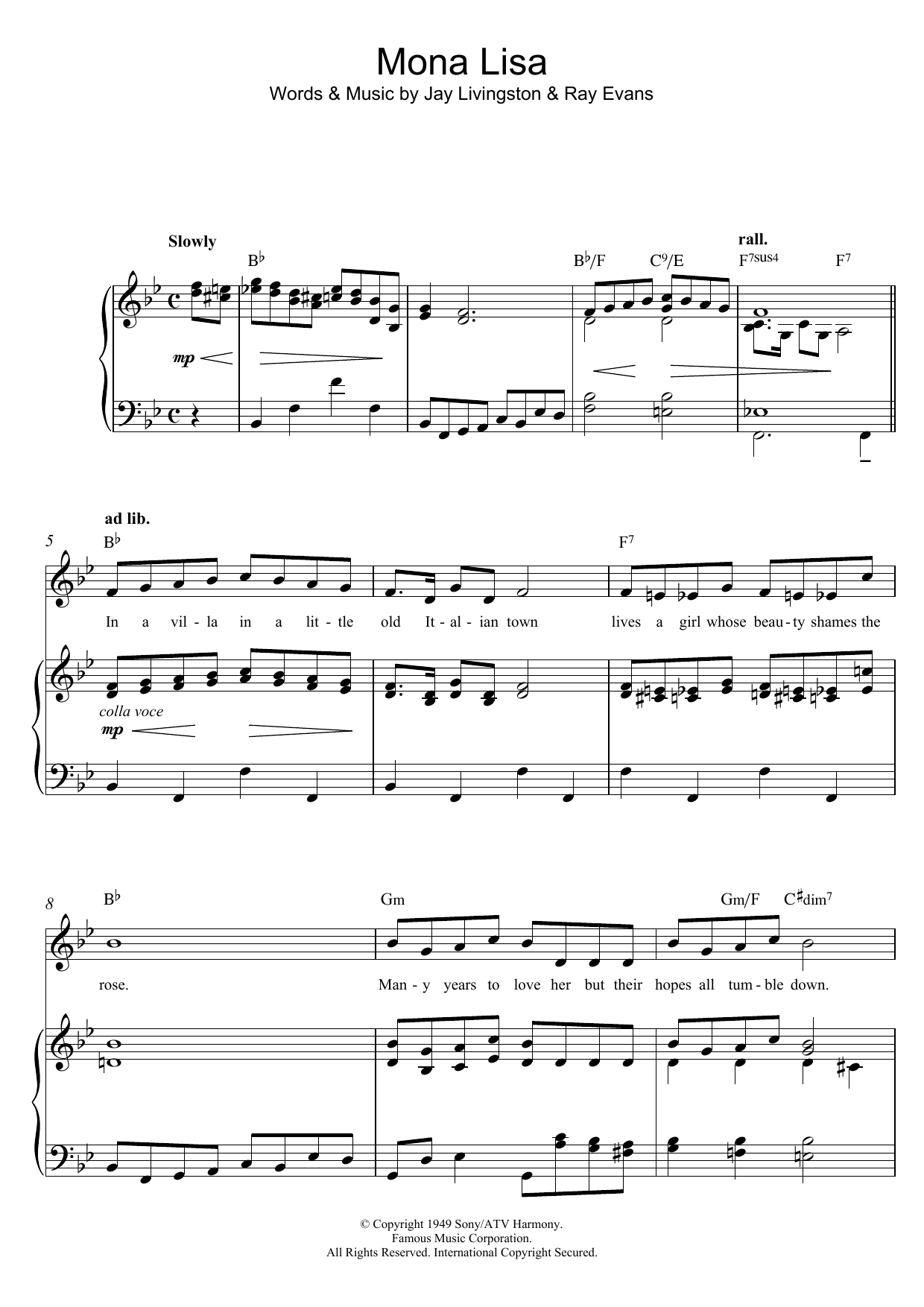 Learn to play Jay Livingston Mona Lisa sheet music for Piano, Vocal & Guitar Chords in minutes. Price: 7.8900$ Jay Livingston Mona Lisa sheet music notes and chords arranged for Piano, Vocal & Guitar Chords