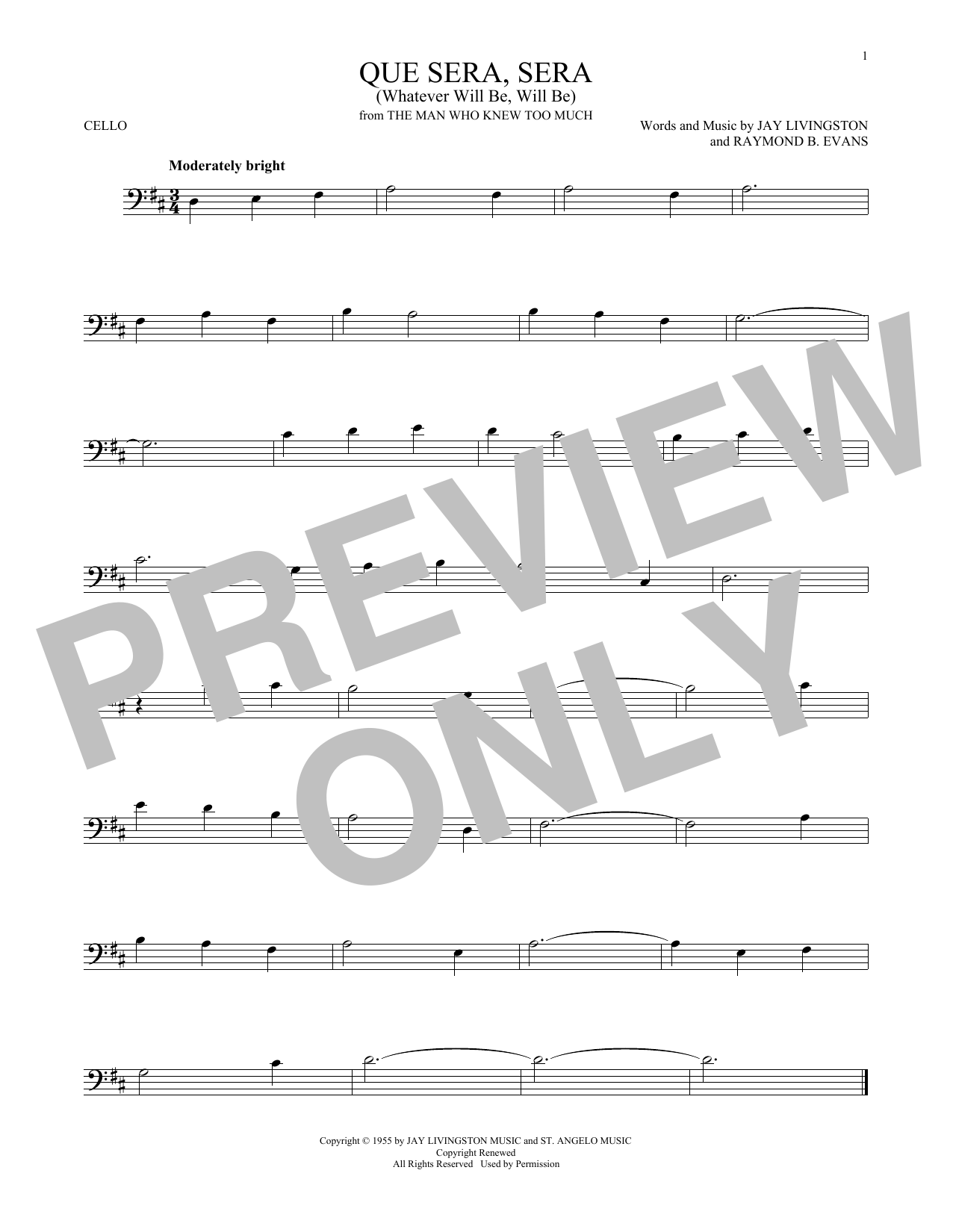 Jay Livingston & Ray Evans Que Sera, Sera (Whatever Will Be, Will Be) sheet music notes and chords arranged for Cello Solo