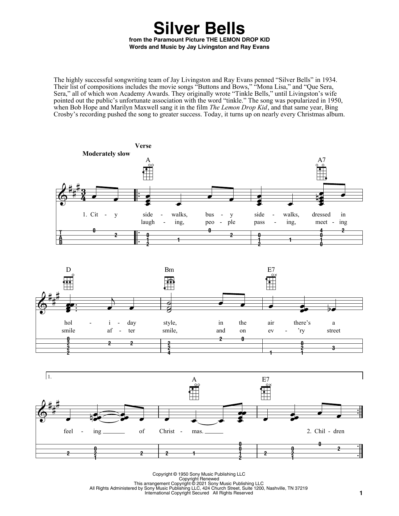 Learn to play Jay Livingston Silver Bells (arr. Fred Sokolow) sheet music for Ukulele in minutes. Price: 5.9900$ Jay Livingston Silver Bells (arr. Fred Sokolow) sheet music notes and chords arranged for Ukulele